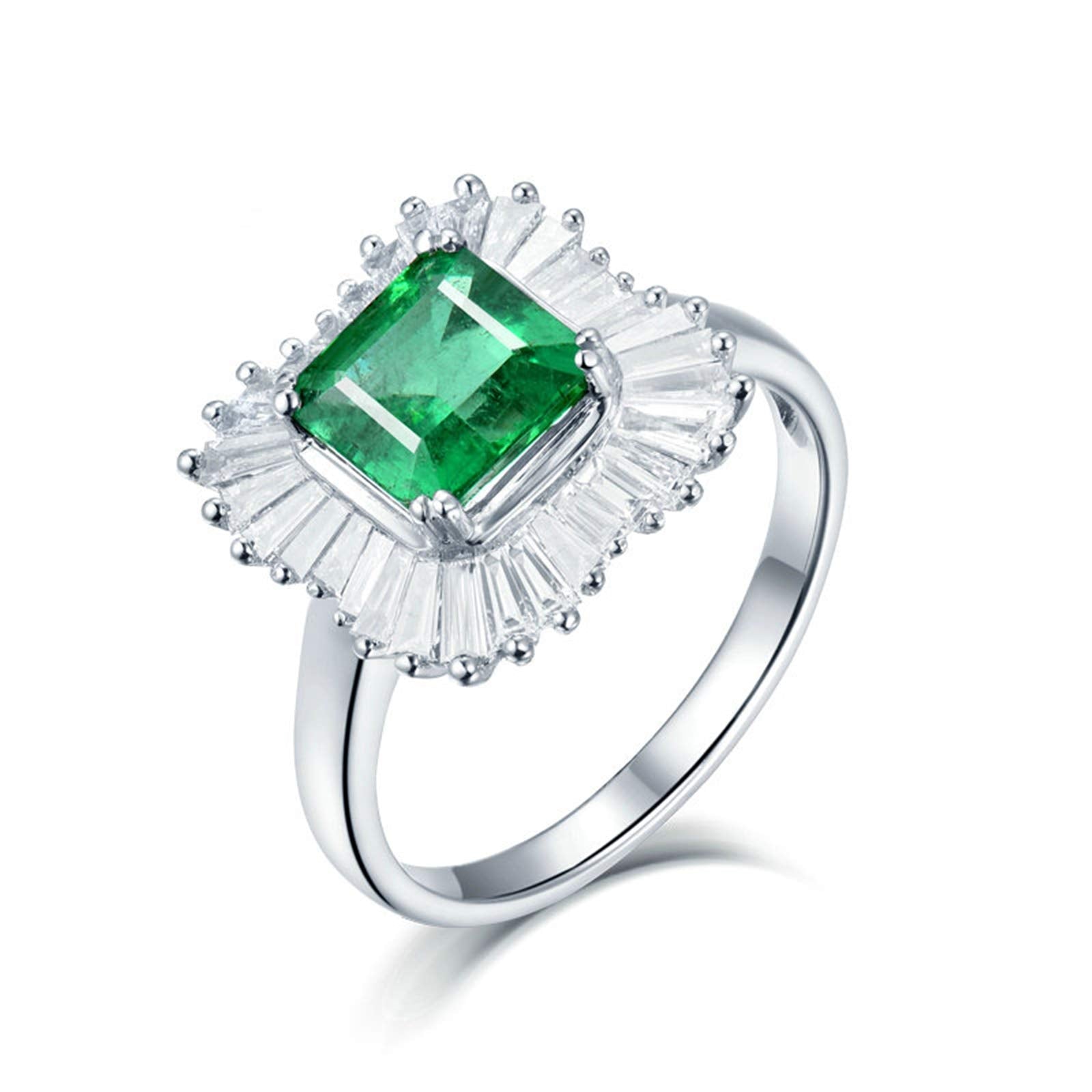 AmDxD White Gold Rings for Women, Anniversary Ring for Wife Halo Ring 1.5ct Emerald with 0.73ct Diamond Birthday Gifts | Valentine Gifts