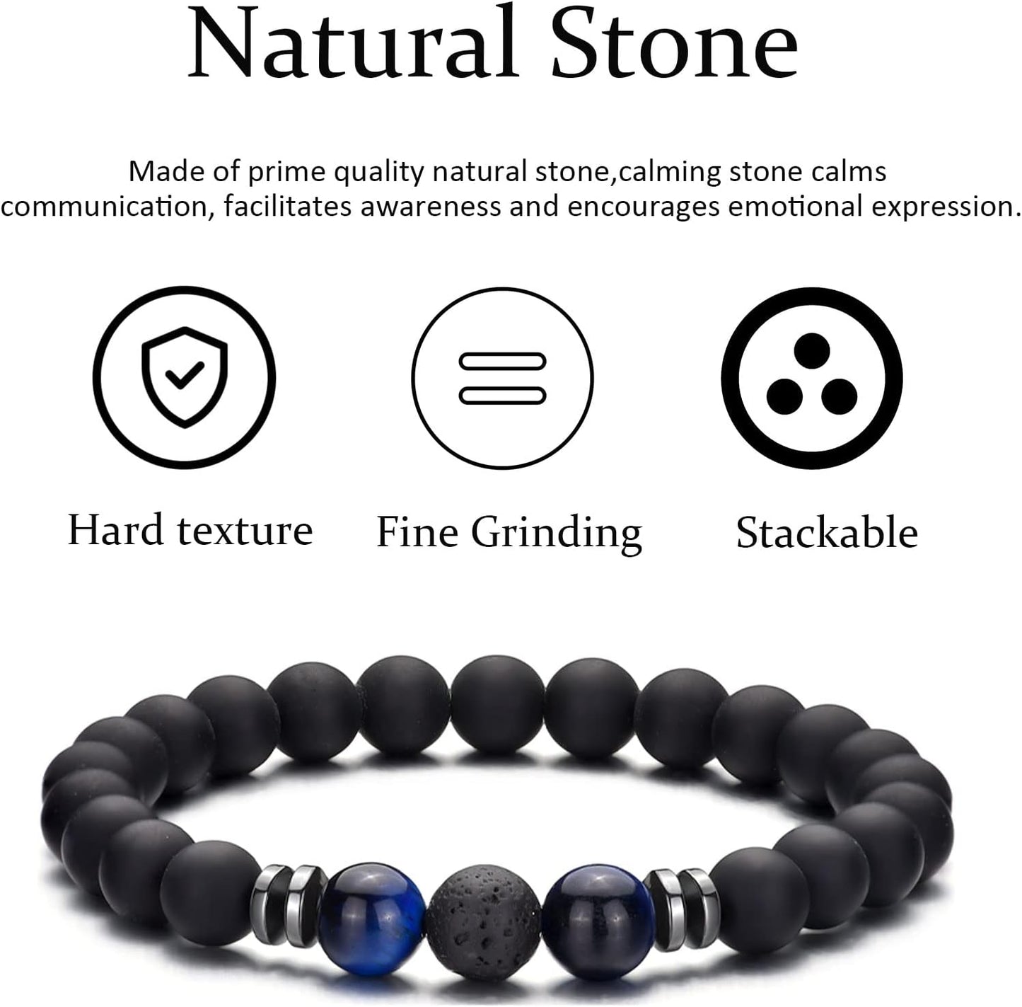 Tigerauge Armband für Herren 8MM Natursteinperlen Armband Set Stretch Lava Stein Armbänder Verstellbares Schwarzes Kristallperlenarmband für Herren Damen Geschenke