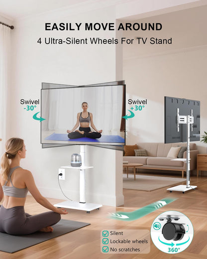 WALI Rolling TV Stand with Power Outlet & AV Shelf, Mobile Tall TV Stand Mount on Wheels for 34-75 inch TV up to 110 lbs, Swivel Height Adjustable TV Cart with Wood Base for Bedroom(TVDVD-6PRW), White