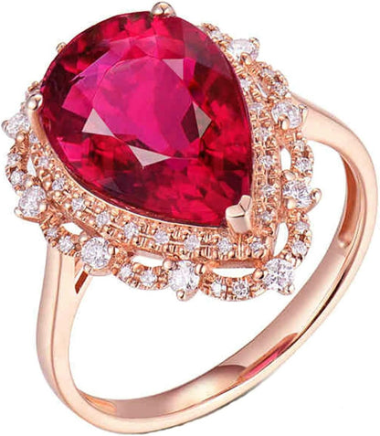 18K Rose Gold Ring 4ct Pear Shape Tourmaline with 0.28ct Diamond Engagement Rings for Girls