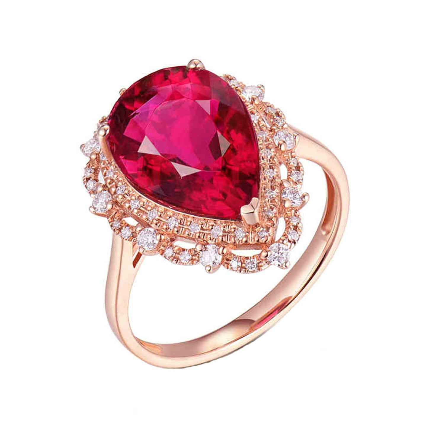 18K Rose Gold Ring 4ct Pear Shape Tourmaline with 0.28ct Diamond Engagement Rings for Girls