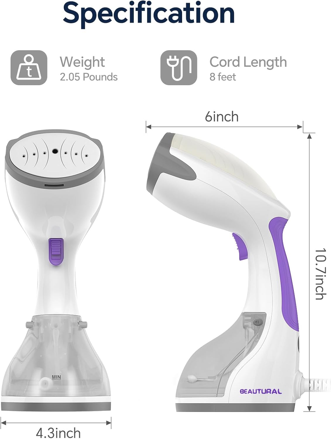BEAUTURAL 1200-Watt Handheld-Dampfglätter für Kleidung, 30 Sekunden Aufheizzeit, 260 ml Wassertank, Aqua