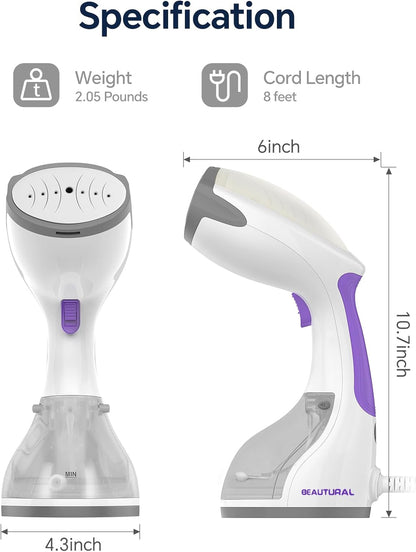 BEAUTURAL 1200-Watt Handheld-Dampfglätter für Kleidung, 30 Sekunden Aufheizzeit, 260 ml Wassertank, Aqua