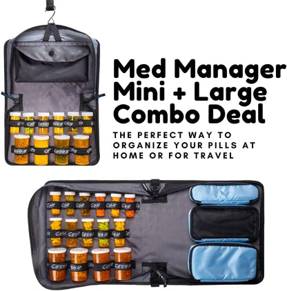 Med Manager Medicine Organizer and Portable Medical Binder, Holds (15) Pill Bottles - (11) Standard Size and (4) Large Bottles, Includes Removable 5-Tab File Folder, Black, 14 x 14 x 4 inches