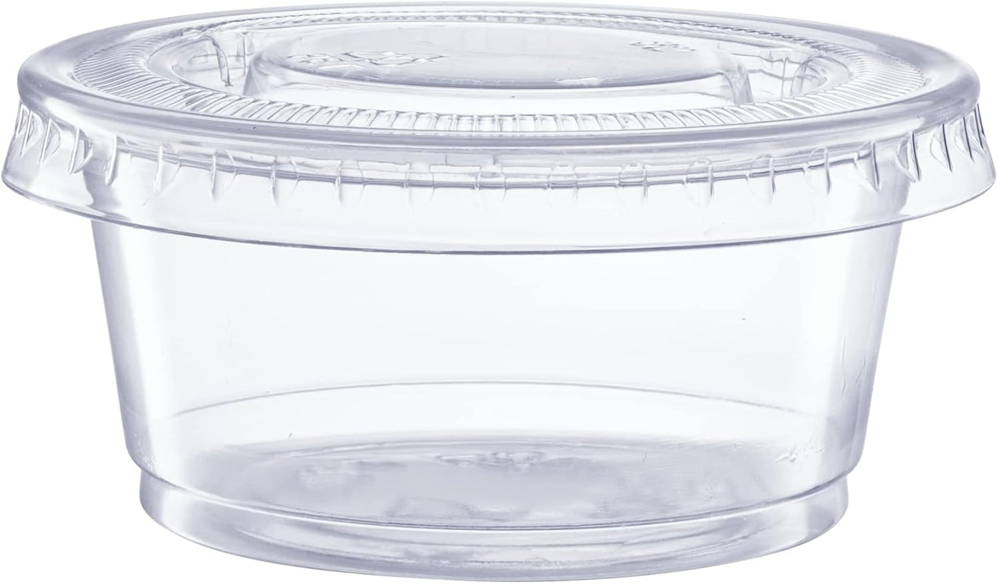 GUSTO [59 ml – 100 Stück] Transparente, Einweg-Portionsbecher mit Deckel – Soufflé-Behälter, Jello-Shot-Becher mit Deckel, transparente Behälter perfekt für Salatdressings und mehr – vormals Comfy Package