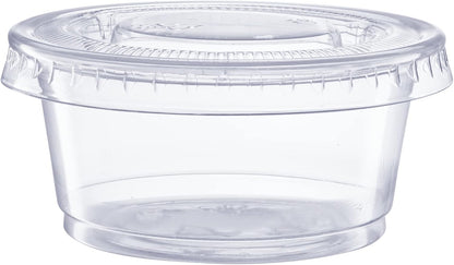 GUSTO [59 ml – 100 Stück] Transparente, Einweg-Portionsbecher mit Deckel – Soufflé-Behälter, Jello-Shot-Becher mit Deckel, transparente Behälter perfekt für Salatdressings und mehr – vormals Comfy Package