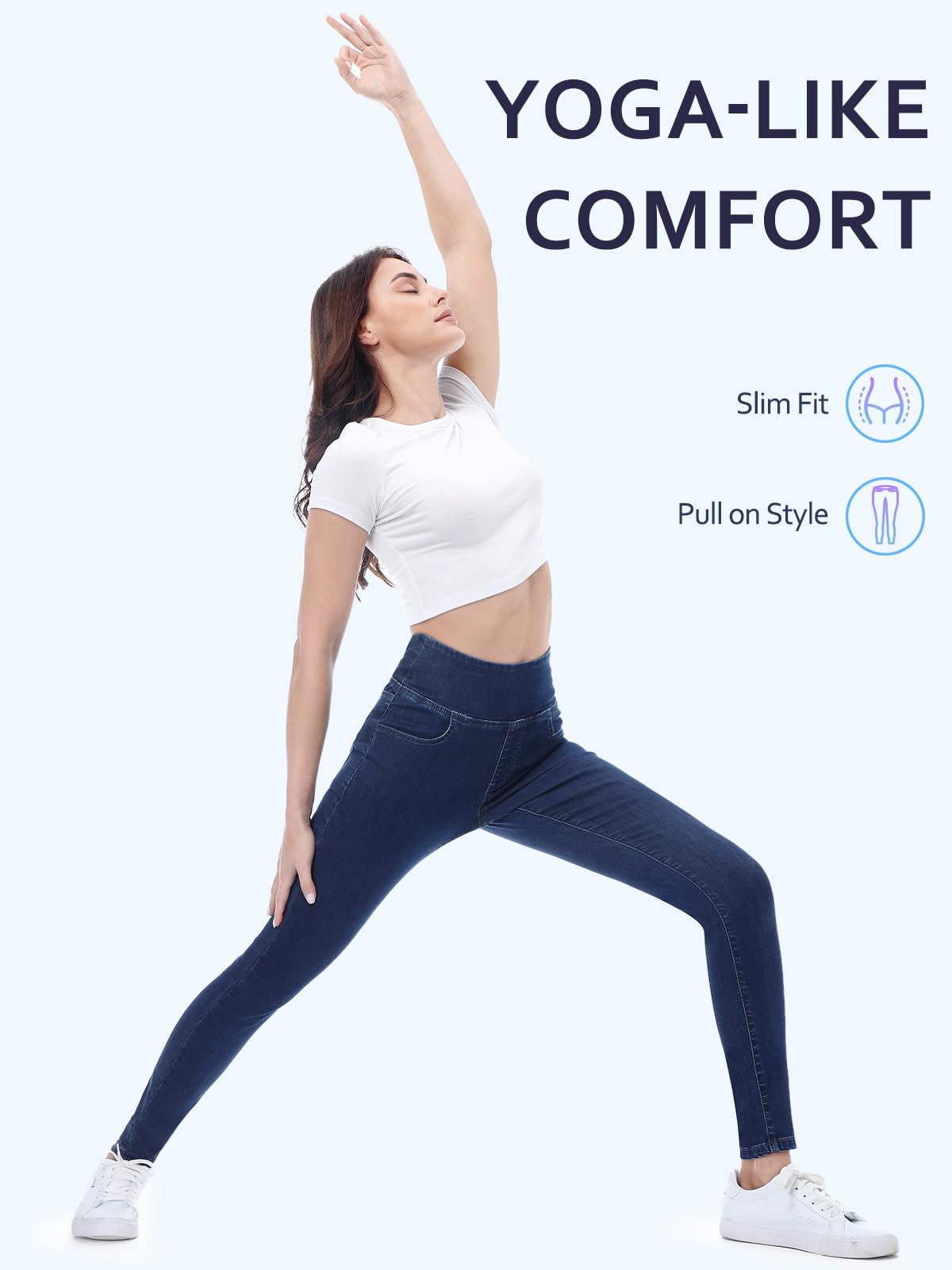 Chasehot Pull-On Skinny Jeans für Damen, dehnbare High-Waist Leggings, trendige Bauchkontrolle, Denim-Jeggings mit Taschen, Dark Wash-L