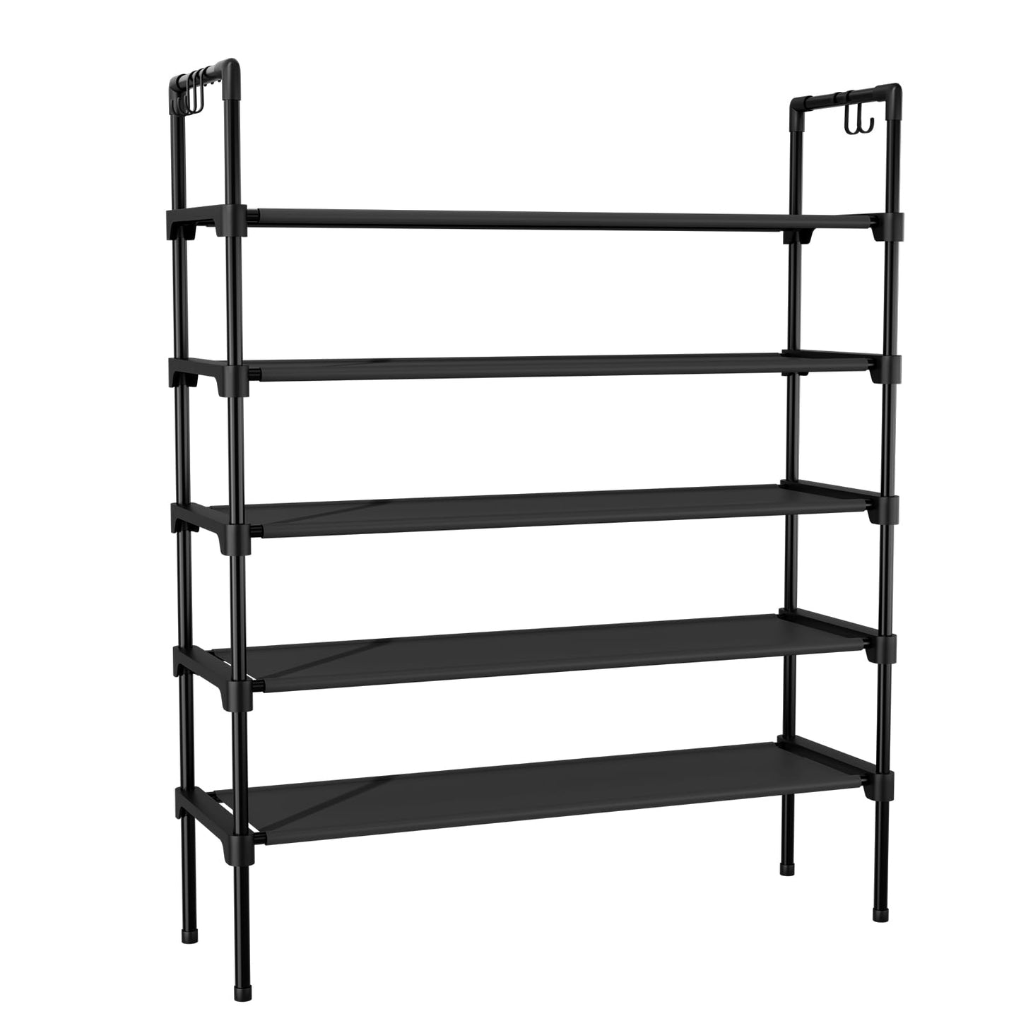 LANTEFUL 3 Tier Shoe Rack for Closet, Shoe Organizer with 5 Hooks, Long Shoe Shelf Storage for Sneaker and Boot Stackable Free Standing Shoe Rack for Entryway, Garage, Small Spaces, Dorm