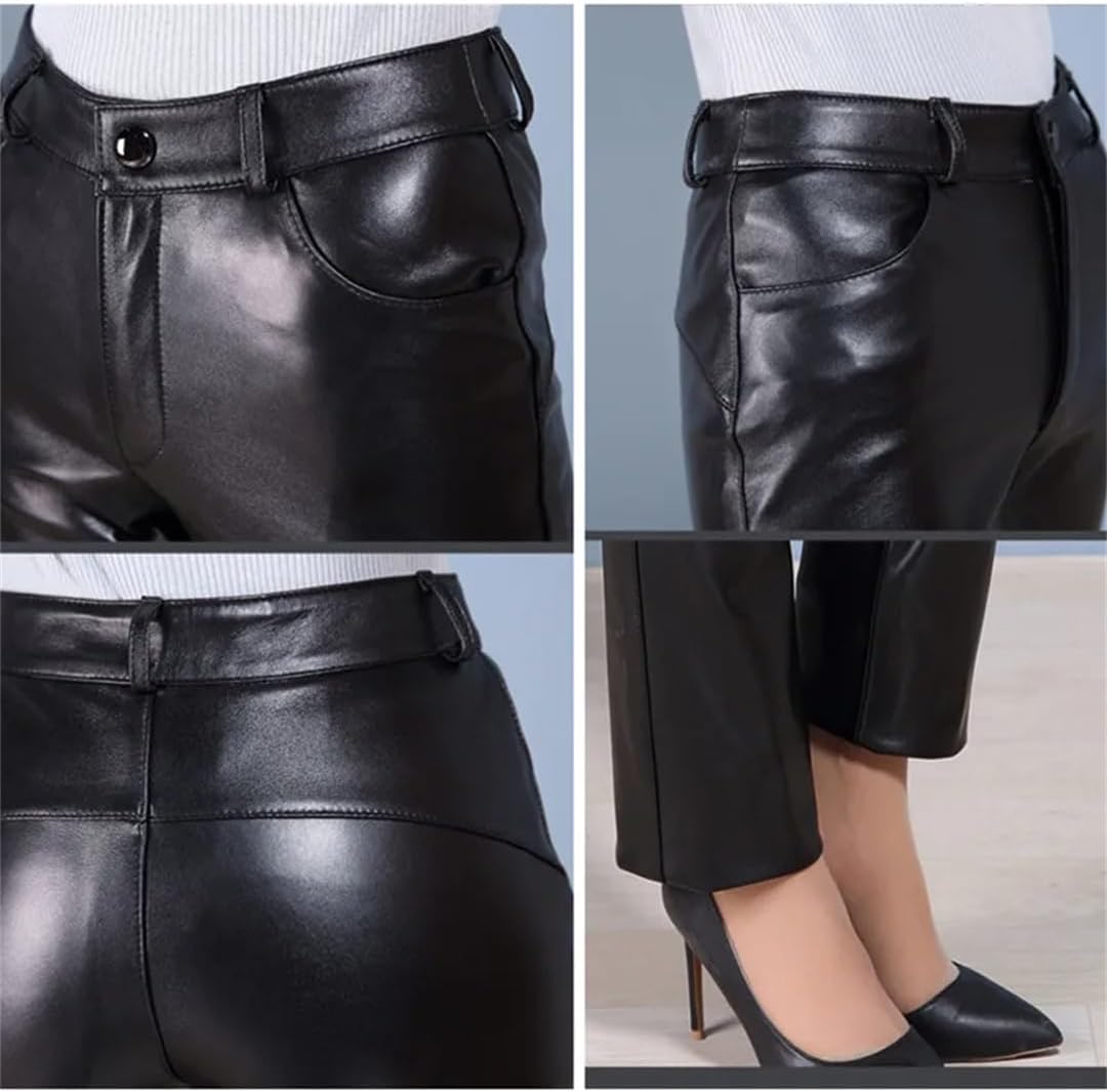 Womens Solid Straight Leather Pant Thick Sheepskin Zipper Slim Office Lady Trousers