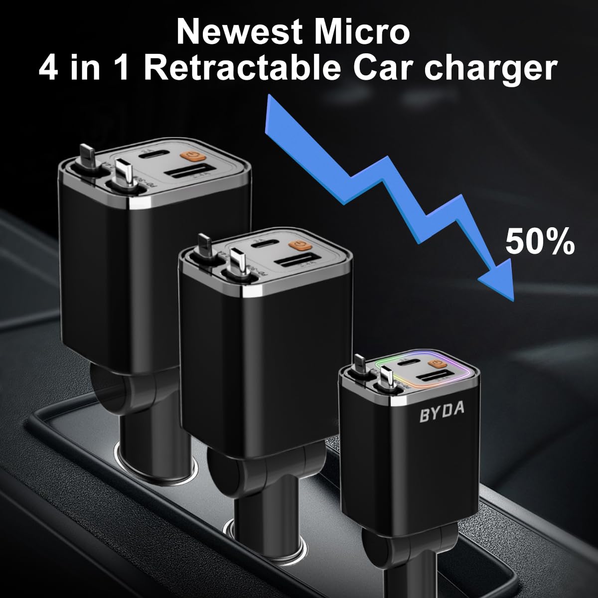 4-in-1 einziehbarer Auto-Ladegerät mit Sternenlicht, 69W USB-C Schnell-Ladegerät, für iPhone 17/16/15/14/13/12/11, Android, Pixel, Zigarettenanzünder-Ladegerät (Lightning+USB-C (Regular))