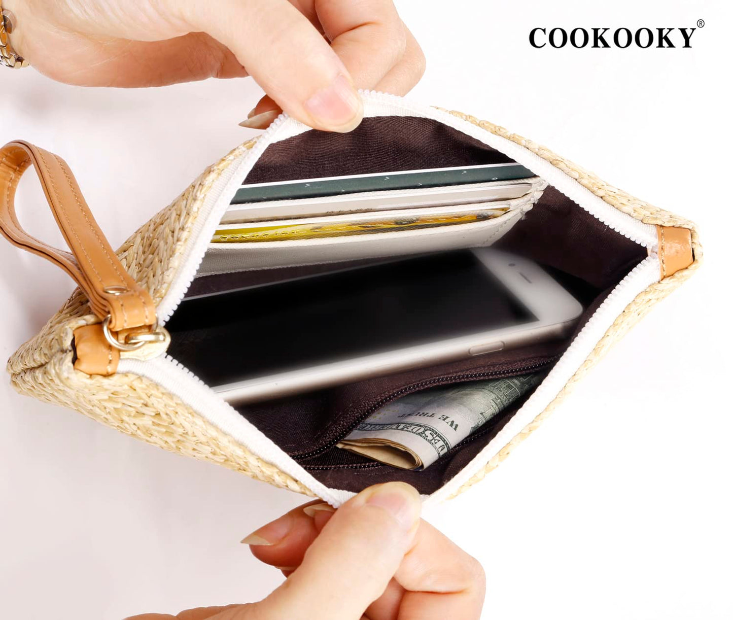 COOKOOKY Damen Stroh-Clutch, böhmische Reißverschluss-Handgelenktasche, Sommer Strand Meer Geldbörse (Beige-Weiß)