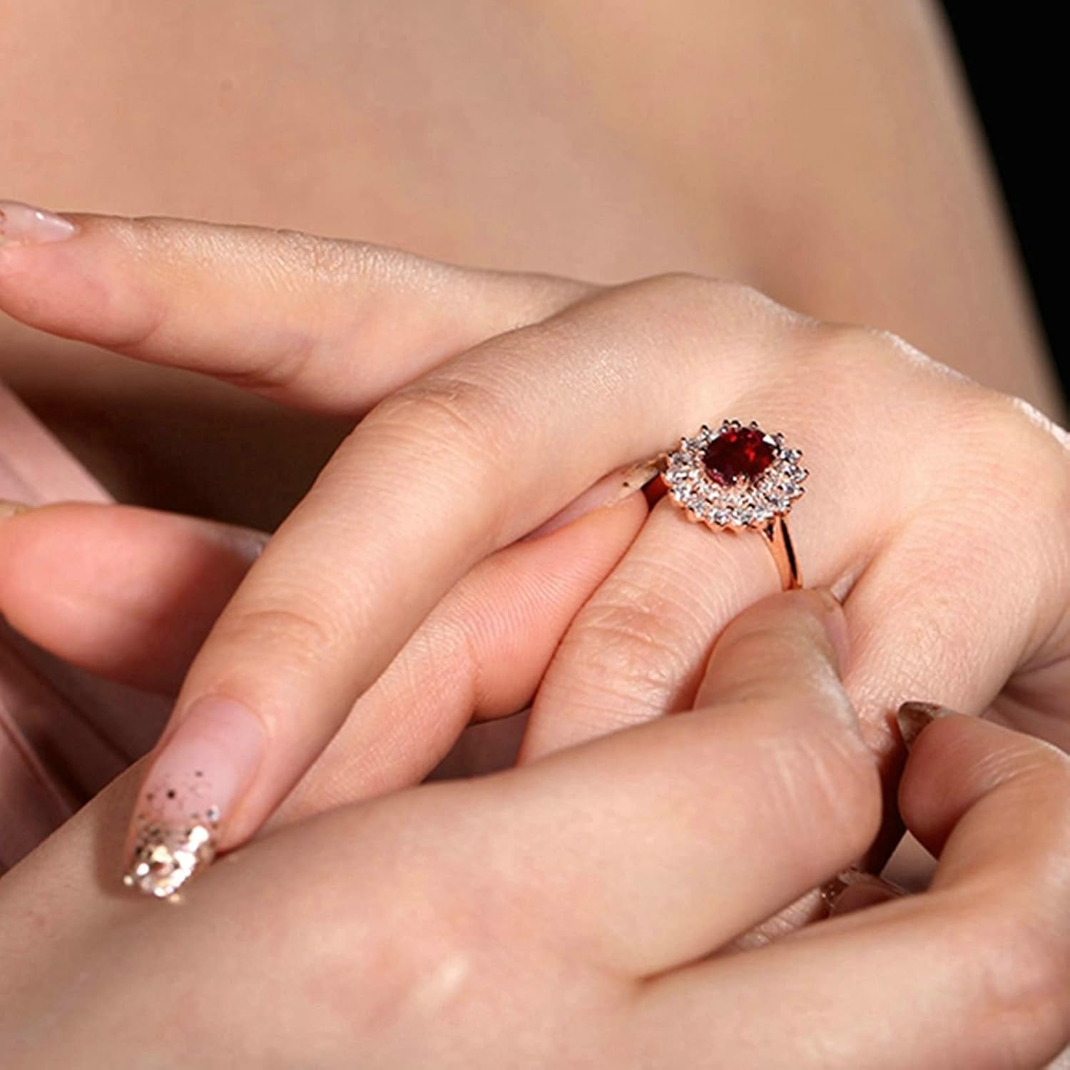 18K Rose Gold Marriage Rings for Women, Women Engagement Ring Flower Inlaid 2.03ct Pigeon Blood Ruby with 0.75ct Diamond Wedding Bands, 10.5, 18K Rose Gold, Cubic Zirconia