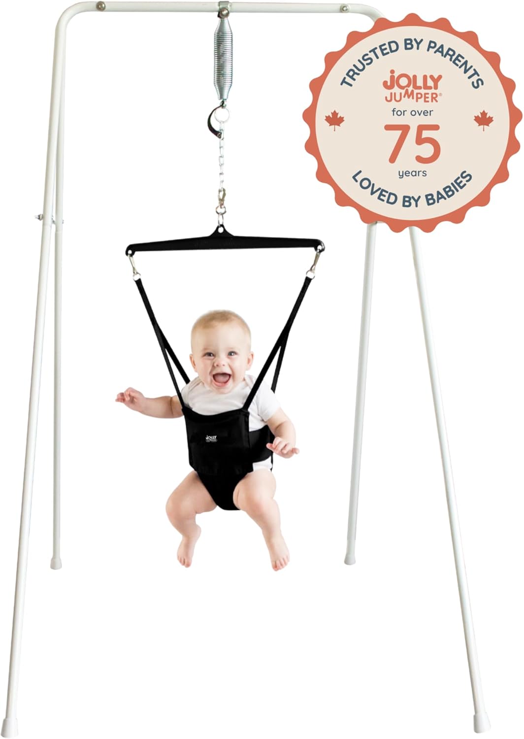 Jolly Jumper CLASSIC (Schwarz) mit Ständer - ORIGINAL Baby Jumper, Indoor- und Outdoor-Trainingssattelsitz, Höhenverstellbar, für Säuglinge bis 12,7 kg