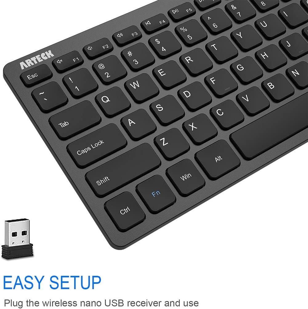 Arteck 2.4G kabellose Tastatur, ultraflache und kompakte Tastatur mit Media-Hotkeys für Computer, Desktop-PC, Laptop, Surface, Smart TV und Windows 11/10/8/7, Schwarz