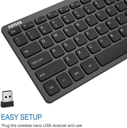 Arteck 2.4G kabellose Tastatur, ultraflache und kompakte Tastatur mit Media-Hotkeys für Computer, Desktop-PC, Laptop, Surface, Smart TV und Windows 11/10/8/7, Schwarz