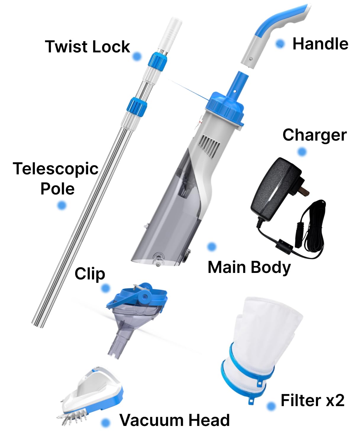 Cordless Pool Vacuum for Above Ground & Inground Pools, Consciot Handheld Rechargeable Pool Cleaner with 1110 GPH Suction, Telescopic Pole up to 87.5", 1H Runtime, See-Through Head for Debris & More