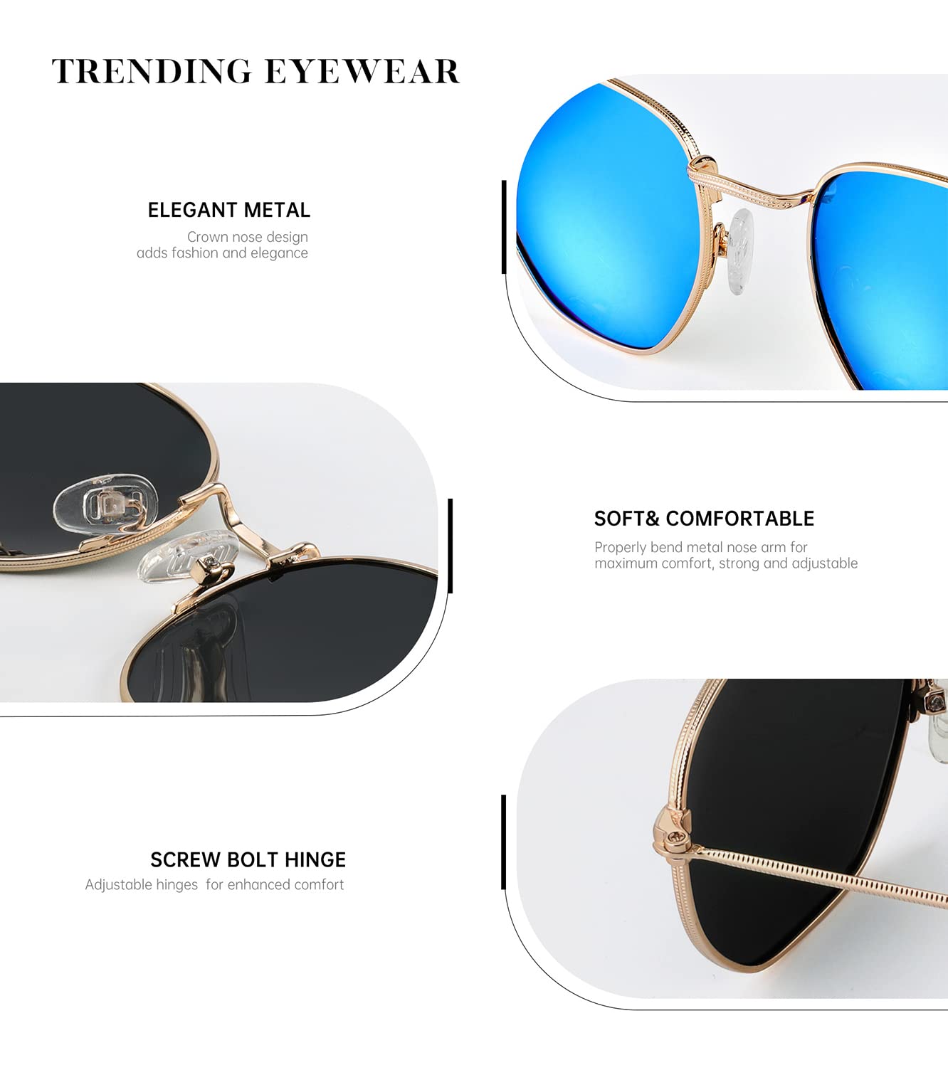 KALIYADI Sonnenbrillen für Damen und Herren Polarisiert Hexagon Damensonnenbrillen Trendy Metallrahmen UV-Schutz (Gold Rahmen Grau Linse)