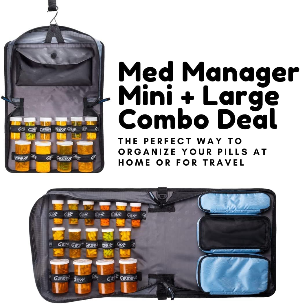 Med Manager Medicine Organizer and Portable Medical Binder, Holds (15) Pill Bottles - (11) Standard Size and (4) Large Bottles, Includes Removable 5-Tab File Folder, Black, 14 x 14 x 4 inches