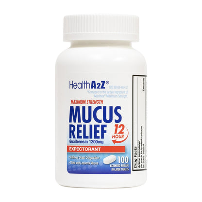 HealthA2Z® Mucus Relief | Guaifenesin 1200 mg | 100 Tablets | 12 Hour | Expectorant | Relieves Chest Congestion | Thins and Loosens Mucus (100 Tablets) (Pack of 2)