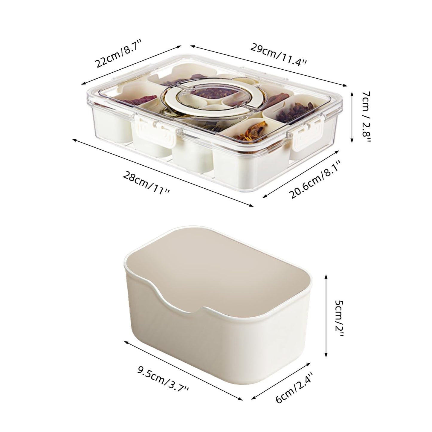 2 Pack Snackle Box –Air Tight Snack Containers with Divided, Lids&Handle –Clear Serving Tray for Fruits, Candy, Nuts –Portable for Travel, Parties, Daily Use (8 Containers Dishwasher Safe)
