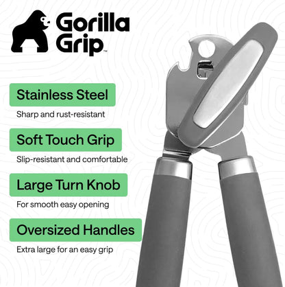 GORILLA GRIP Robuster manueller Dosenöffner, Flaschenöffner aus Edelstahl, öffnet Dosen mühelos, scharfe Klinge mit glattem Schnitt, leicht drehbarer Knopf für Senioren mit Arthritis, Küchenhelfer, Schwarz