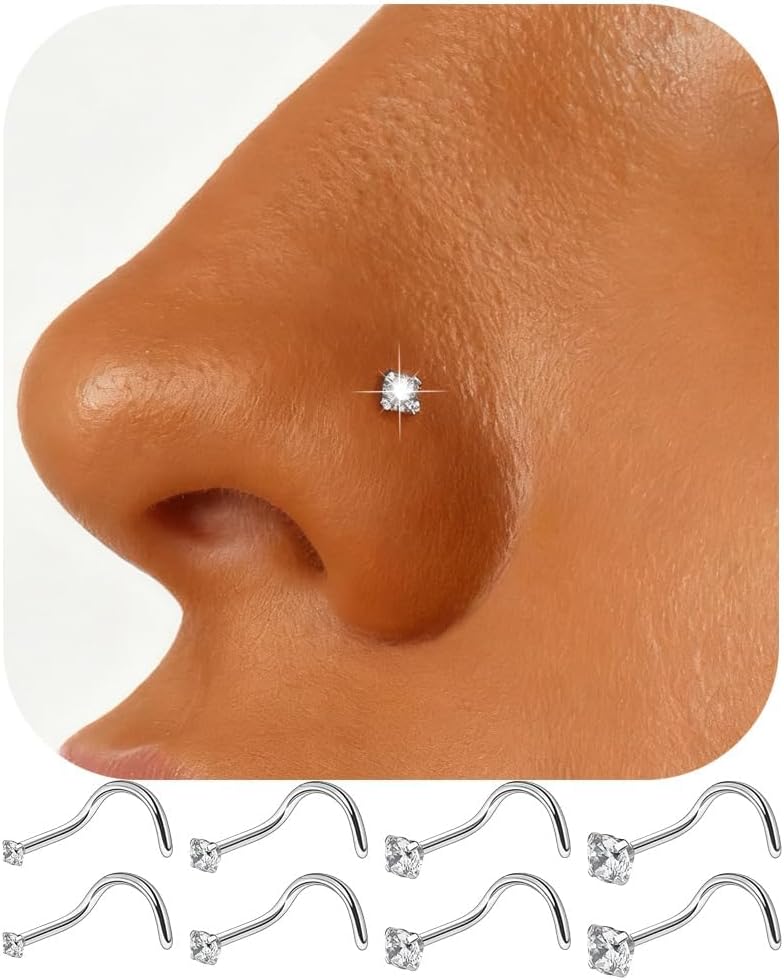 316L Surgical Steel 20g Nose Studs Hypoallergenic - Diamond-Like Sparkle Cubic Zirconia Corkscrew Nose Rings 8Pcs, For Men: 8Pcs/20g/1.5/2.0/2.5/3.0mm, Stainless Steel Cubic Zirconia, cubic zirconia