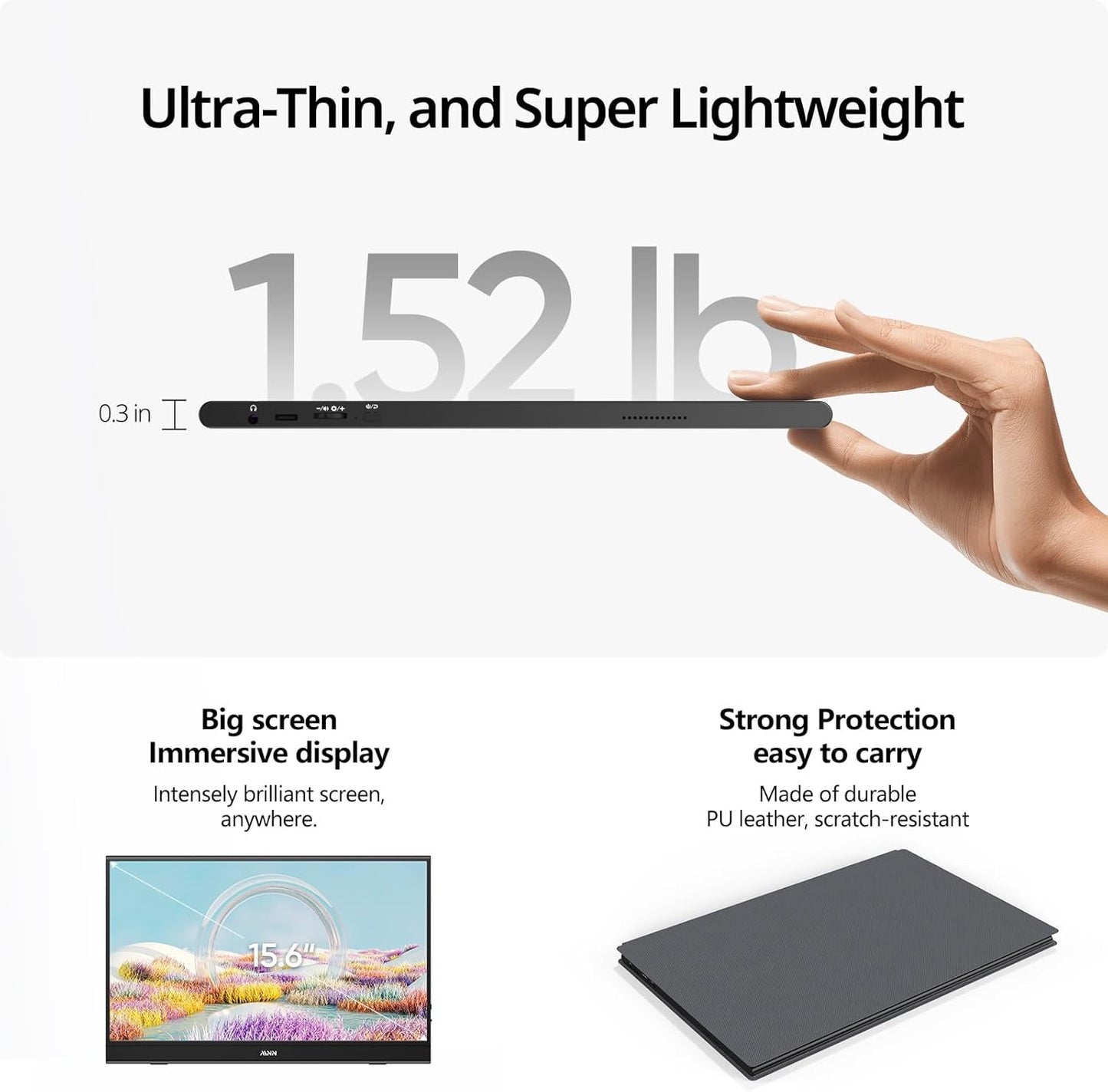 MNN Portable Monitor 15.6inch FHD 1080P 60Hz USB C HDMI Gaming Ultra-Slim IPS Display