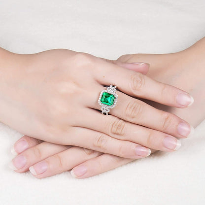 KnSam 18K White Gold Rings, Square Cut Green Emerald 2.26ct VS and 0.47ct Diamond Silver