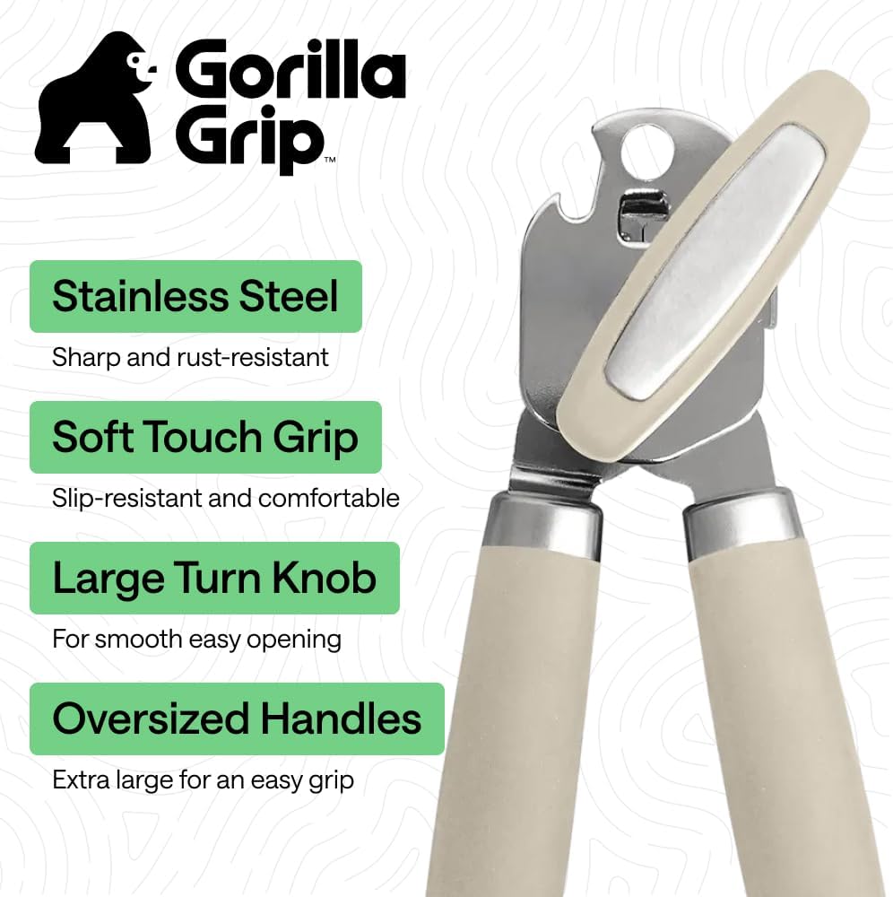 GORILLA GRIP Robuster manueller Dosenöffner, Flaschenöffner aus Edelstahl, öffnet Dosen mühelos, scharfe Klinge mit glattem Schnitt, leicht drehbarer Knopf für Senioren mit Arthritis, Küchenhelfer, Schwarz