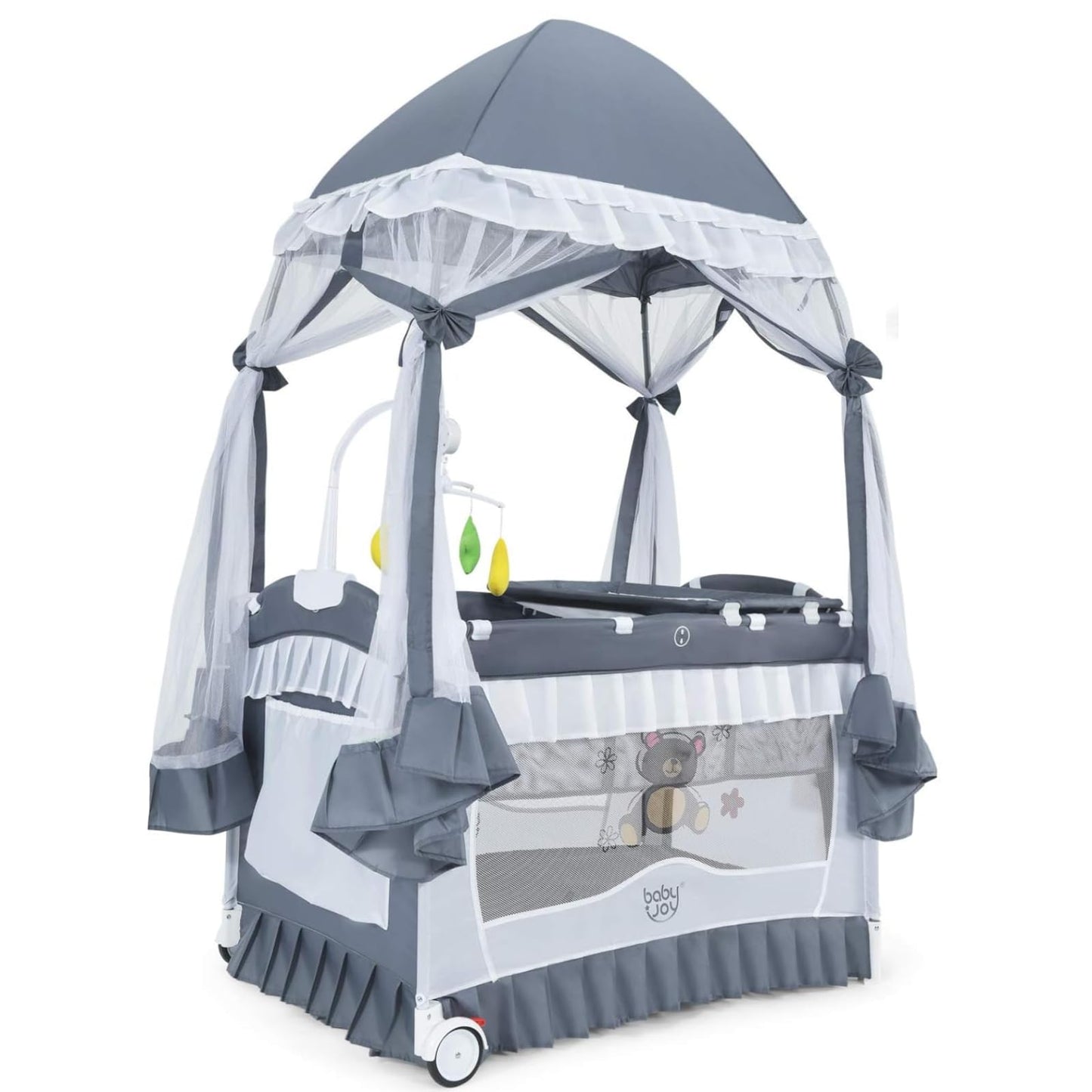 BABY JOY 4 in 1 Pack and Play with Canopy, Portable Baby Playard with Bassinet, Double-Layer Baby Crib, Wheels & Brake, Foldable Baby Girl Pink Bassinet from Newborn to Toddler