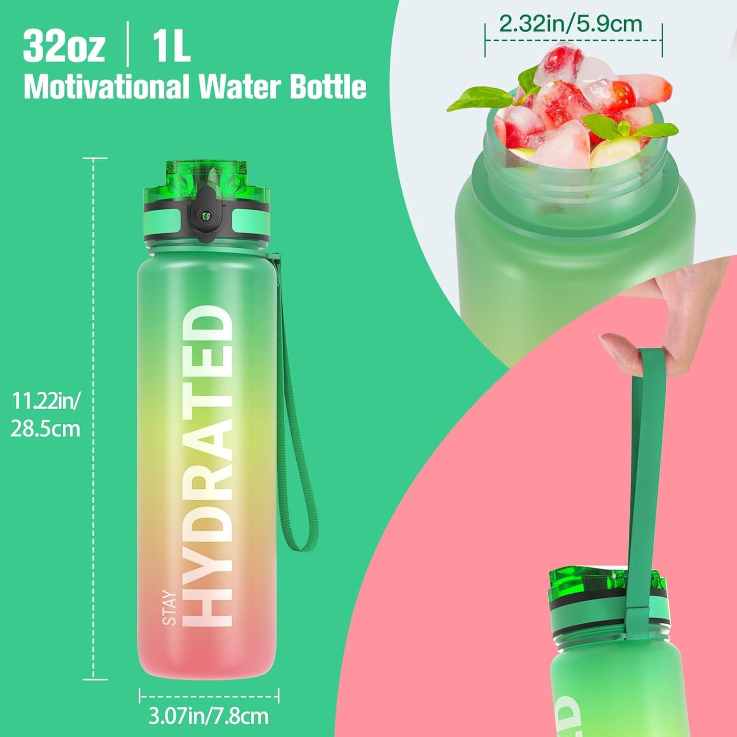 Sahara Sailor Trinkflasche, 950ml Motivations-Sportflasche mit Zeitmarkierung – Trinkzeiten – Tritan, BPA-frei, weite Öffnung auslaufsicher, Fast-Flow-Technologie mit Reinigungsbürste (1 Flasche)