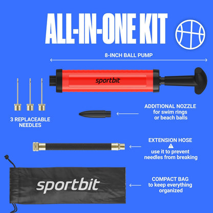 SPORTBIT Ballpumpe für Sportbälle - Basketballpumpe, Volleyballpumpe, Fußballpumpe - Handpumpe für alle Sportbälle - Push & Pull Aufblassystem - Inklusive 5 Nadeln