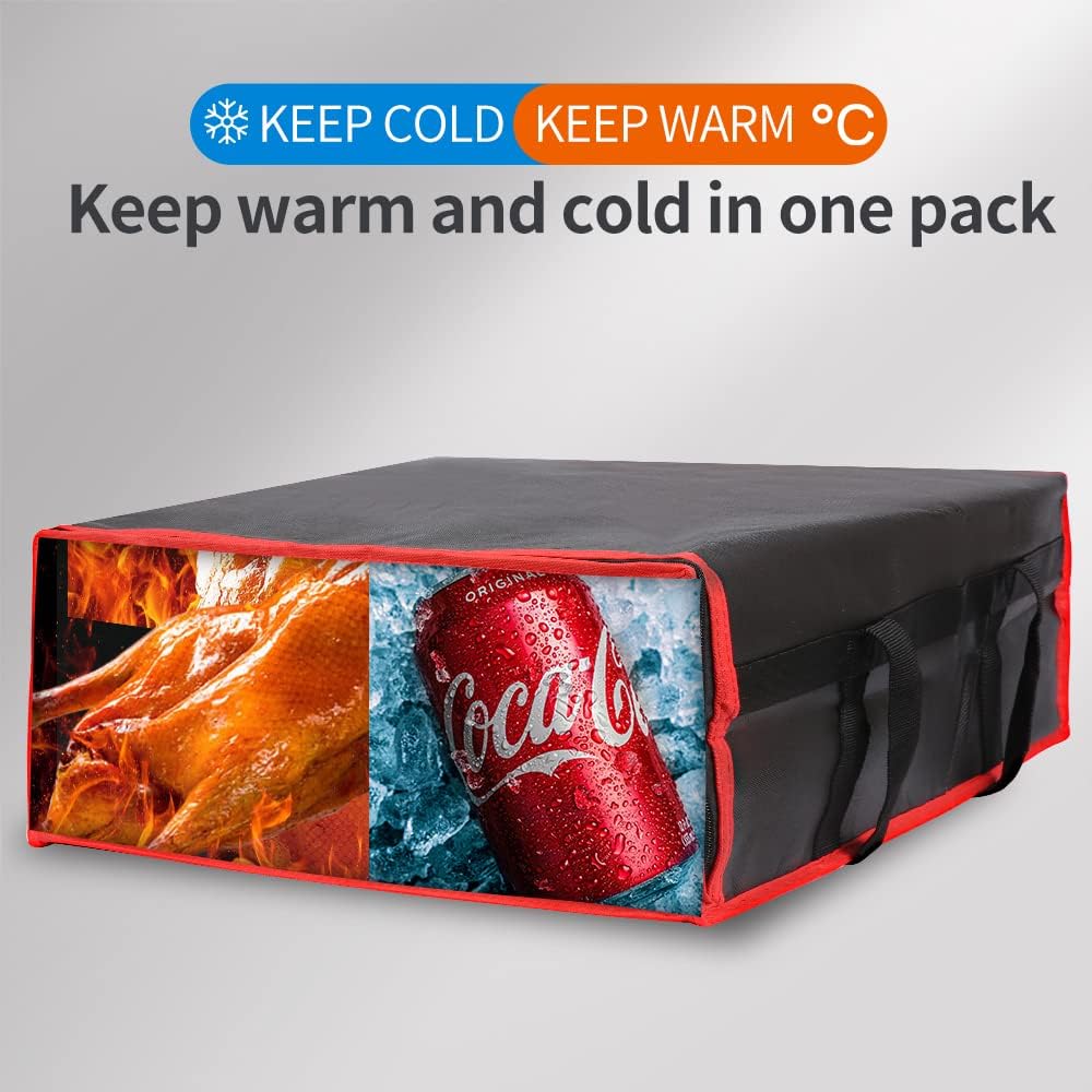 Bodaon Isolierte Essensliefertasche - Warm- & Kalthaltetransporttasche, Catering/Doordash Pizzawärmer, Einkaufstasche, Kühltasche für Partys (Schwarz-Rot, 1 St.), Ideal für den Transport warmer Speisen