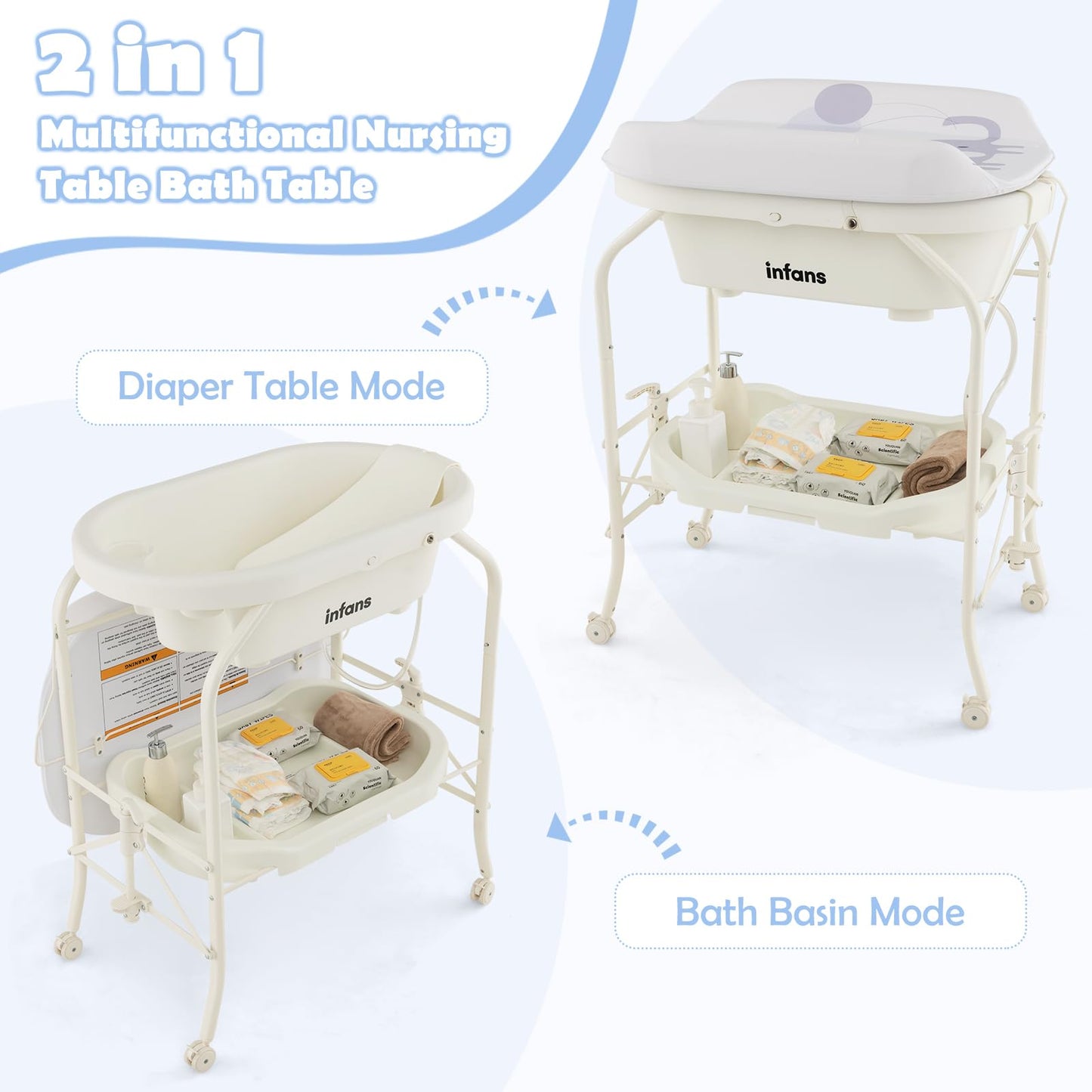 INFANS 2 in 1 Baby Changing Table with Bath Tub Unit, Folding Diaper Dresser Station with Wheels Waterproof Pad Storage Rack, Portable Nursery Organizer Stand for Newborn Infant
