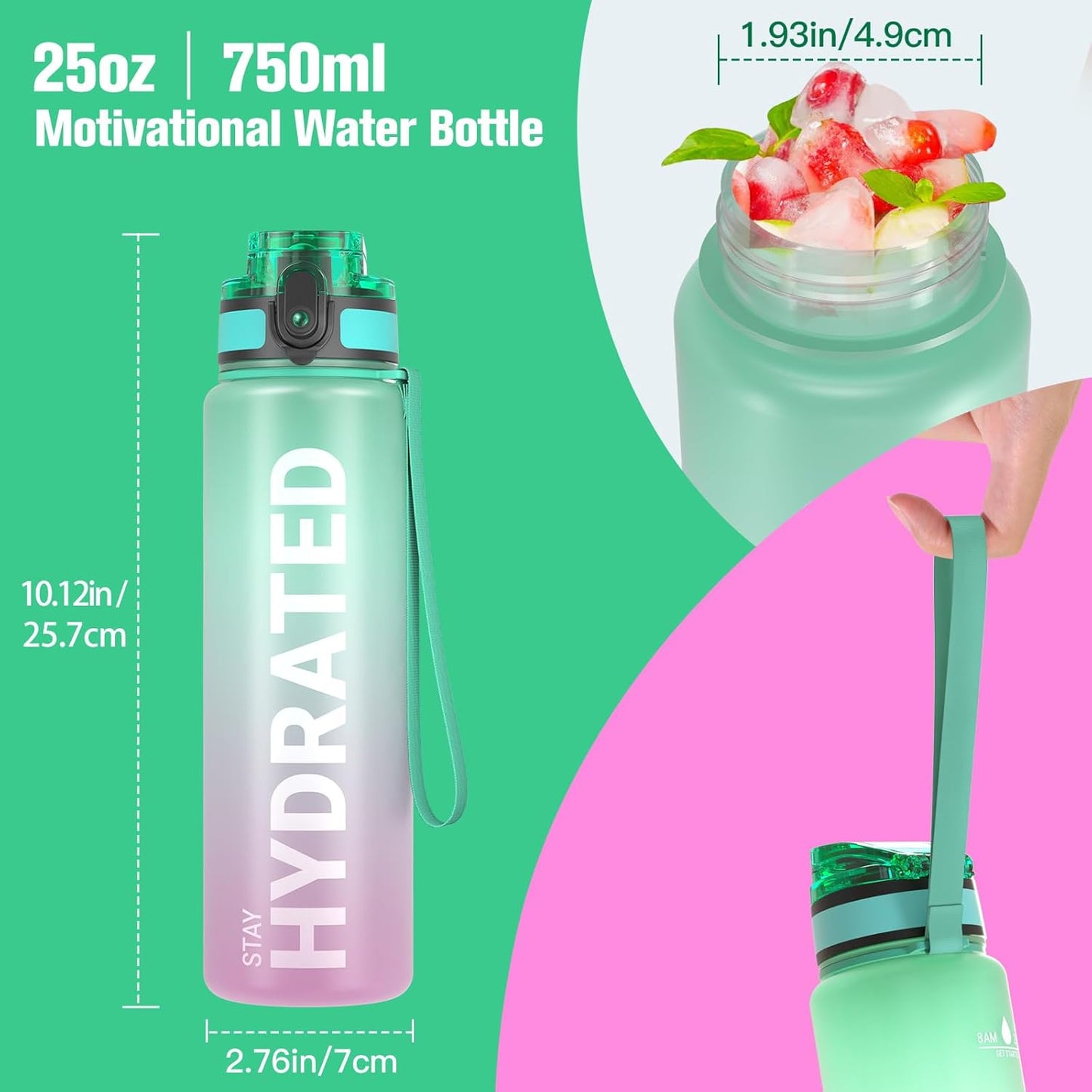 Sahara Sailor Trinkflasche, 950ml Motivations-Sportflasche mit Zeitmarkierung – Trinkzeiten – Tritan, BPA-frei, weite Öffnung auslaufsicher, Fast-Flow-Technologie mit Reinigungsbürste (1 Flasche)