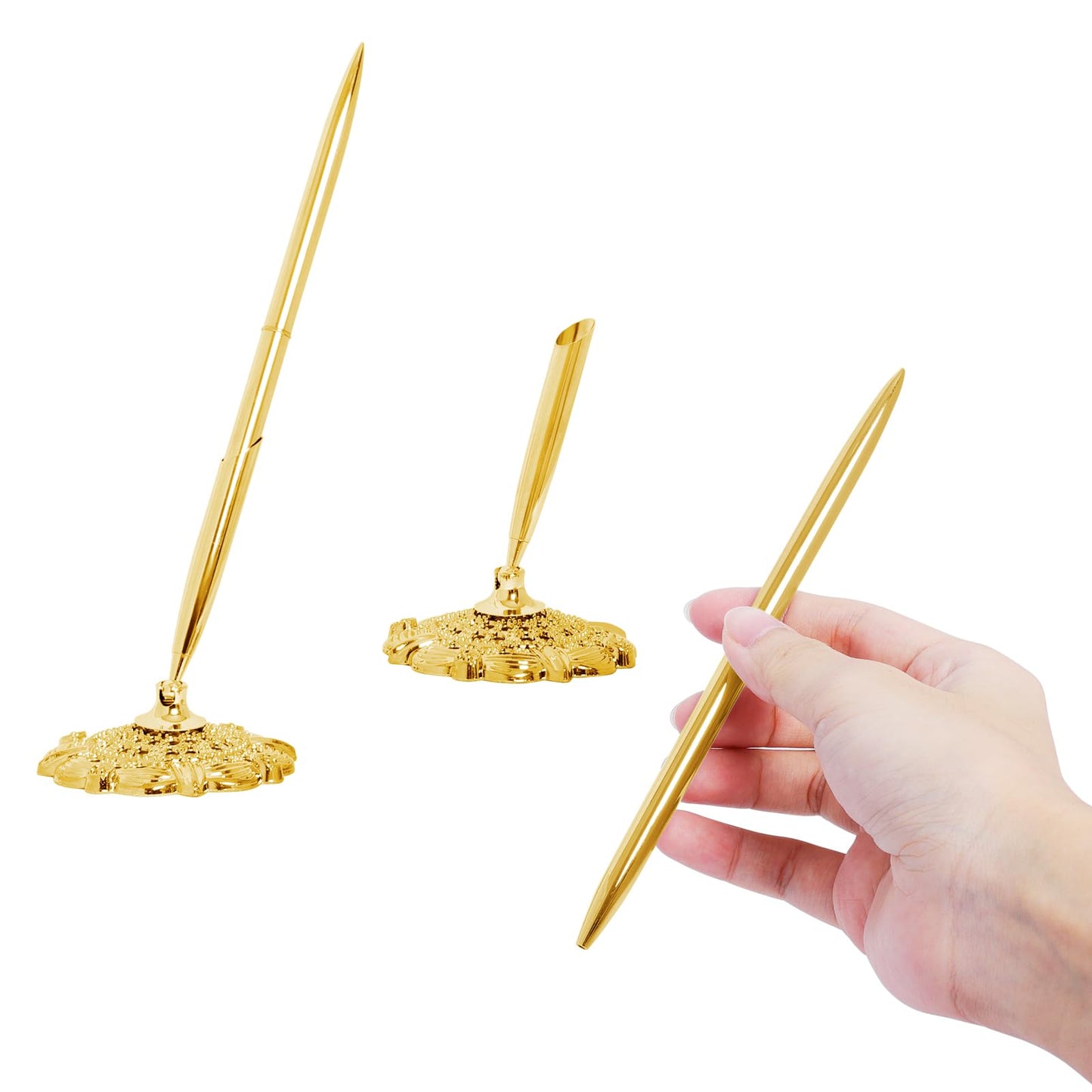 Bcxfbxd 2 Stück Gold Hohl Rund Stifthalter Metall Stifteständer Set Unterschriftenstift Set Unterschriften Tisch Kugelschreiber für Gästebuch Hochzeit Geburtstag Party Abschlussfeier Lehrer Büro Geschäft