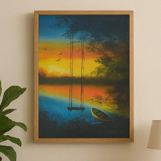 100% Original Handmade Sunset Lake Oil Painting on Canvas – Swing & Boat Landscape Wall Art – Hand-Painted Home Décor for Living Room & Bedroom – 27×34 cm | Elitora Mart