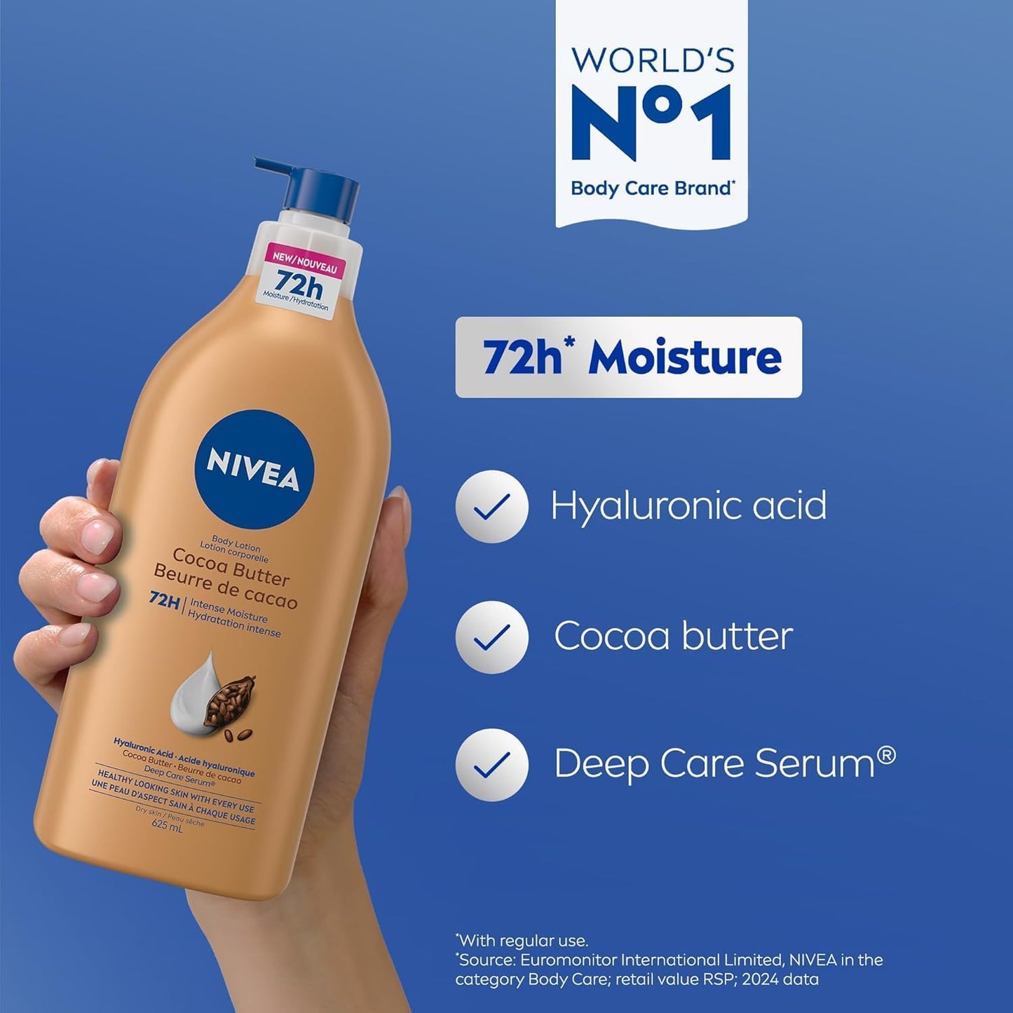 NIVEA Kakaobutter 72h Feuchtigkeitspflegende Body Lotion für trockene Haut, Körperlotion mit Hyaluronsäure und Kakaobutter, Nicht fettend und schnell einziehend, 625 ml Flasche