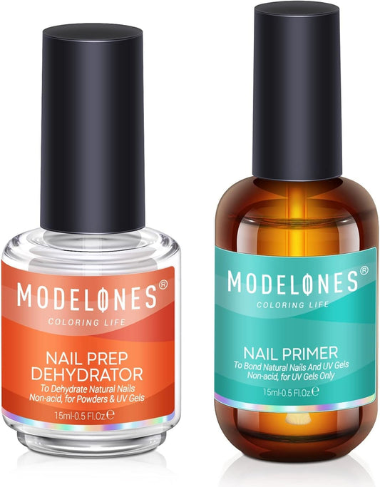 Modelones Nail Primer, 2PCS Professional Natural Nail Prep Dehydrate & Bond Primer, Superior Bonding for Gel Nail Polish 15ml
