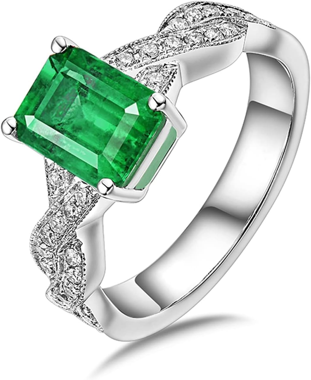 18K White Gold Ring 1.38ct Rectangular Shape Emerald with 0.29ct Diamond Promise Ring for Girls