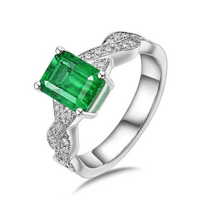 18K White Gold Ring 1.38ct Rectangular Shape Emerald with 0.29ct Diamond Promise Ring for Girls