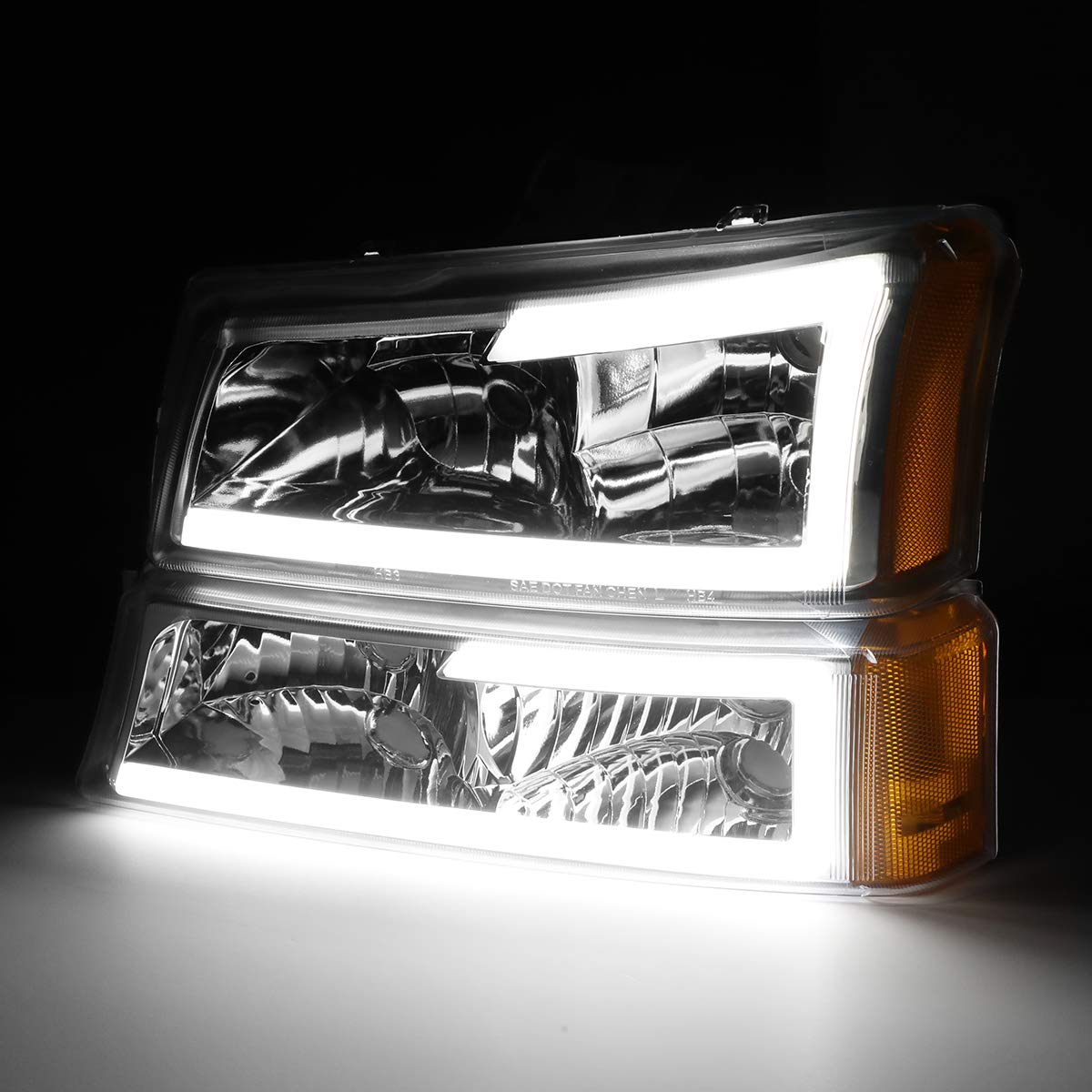 DNA MOTORING HL-LB-CSIL03-BK-CL1 Black Housing 3D LED DRL Headlight Bumper Lamp Set Compatible with 03-06 Silverado 1500-3500 / Avalanche 1500 2500