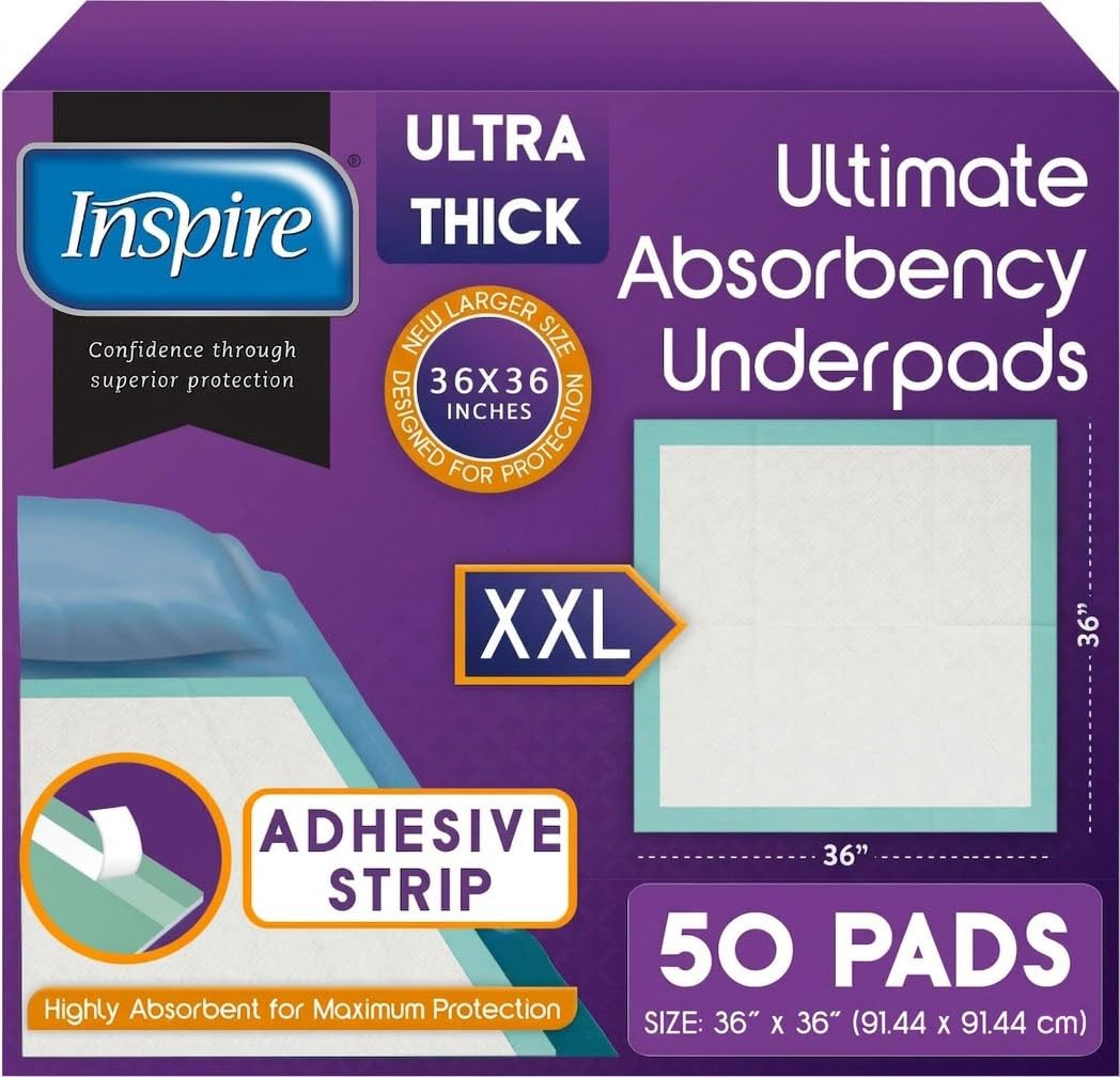 Inspire Super Absorbent Disposable Bed Pads for Chronic Incontinence Ultra Thick and Absorbent Bed Pads Disposable Adult | Pee Pads for Adults (36" X 36" Pack of 50) XX Large