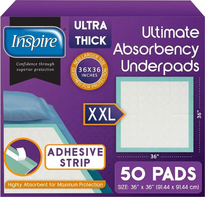 Inspire Super Absorbent Disposable Bed Pads for Chronic Incontinence Ultra Thick and Absorbent Bed Pads Disposable Adult | Pee Pads for Adults (36" X 36" Pack of 50) XX Large