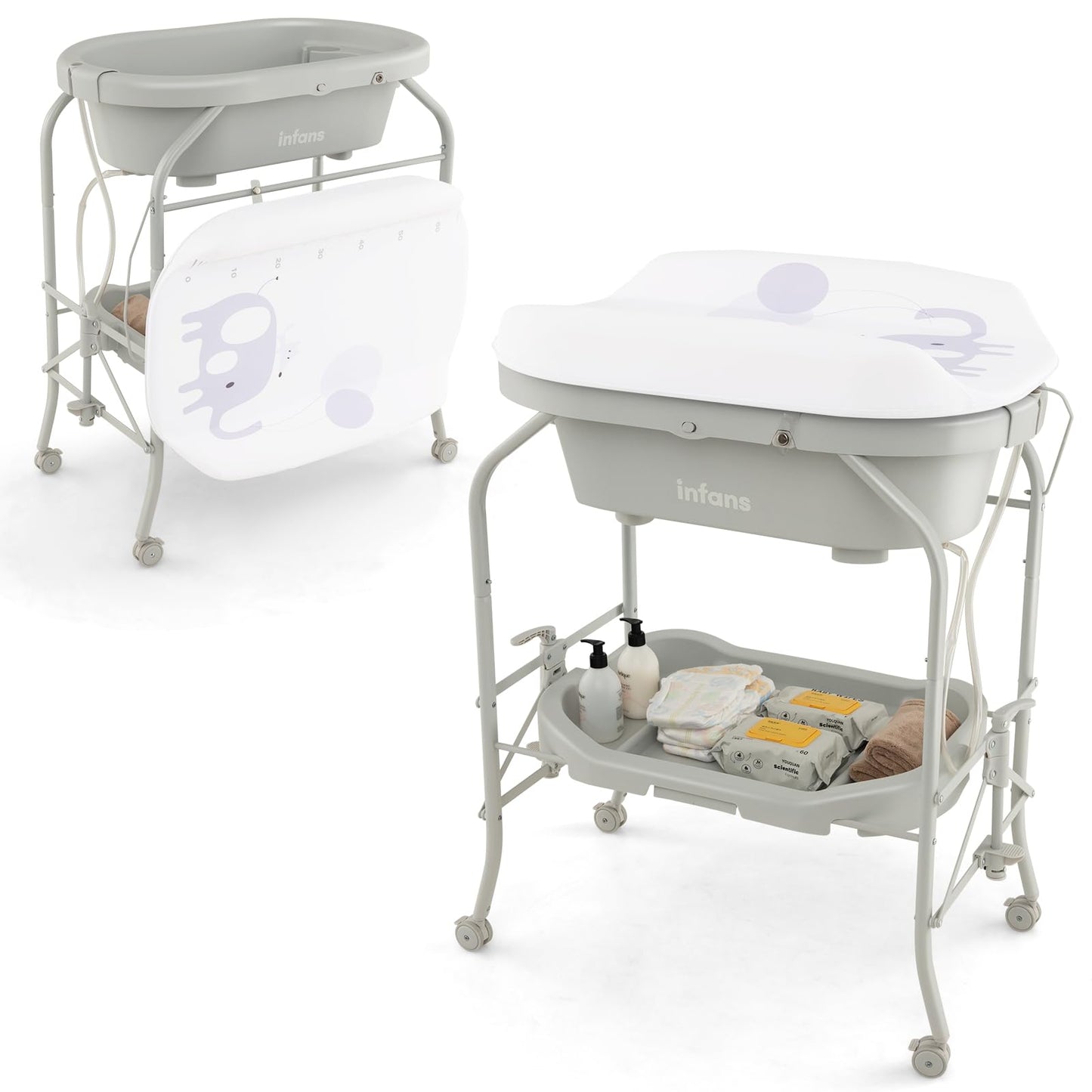 INFANS 2 in 1 Baby Changing Table with Bath Tub Unit, Folding Diaper Dresser Station with Wheels Waterproof Pad Storage Rack, Portable Nursery Organizer Stand for Newborn Infant