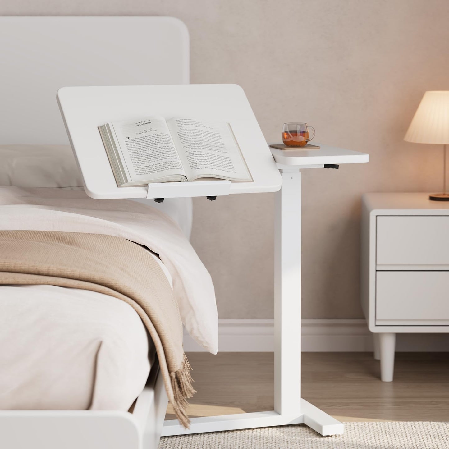 Solid Wood Overbed Bedside Table with Wheels, Tilting Adjustable Hospital Bed Table Over The Bed, Medical Mobile Laptop Stand, Rolling Standing Desk for Hospital and Home Use(Walnut)
