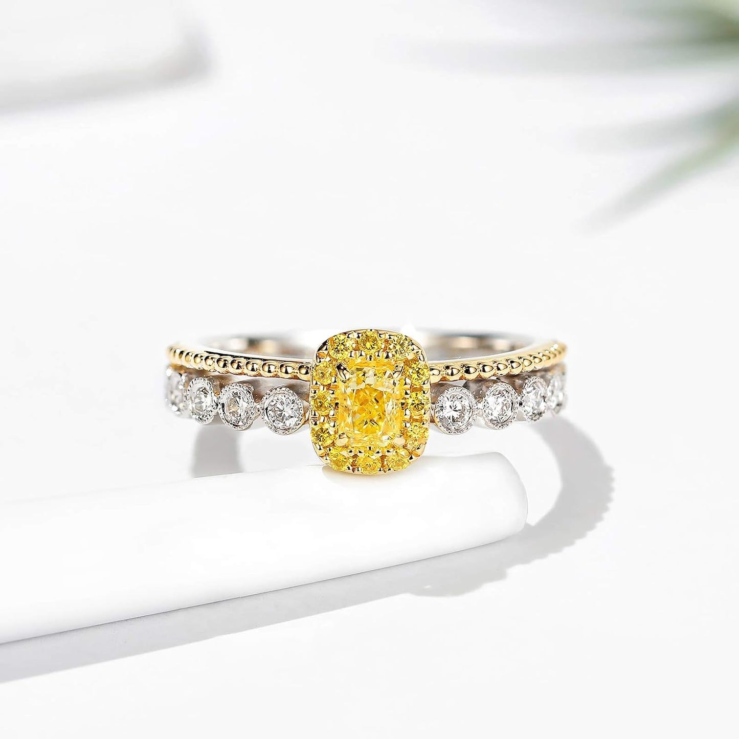 Aienid 18Ct Gold Engagement Rings for Women 0.29Ct Yellow Diamond Double Layer Wedding Rings for Women