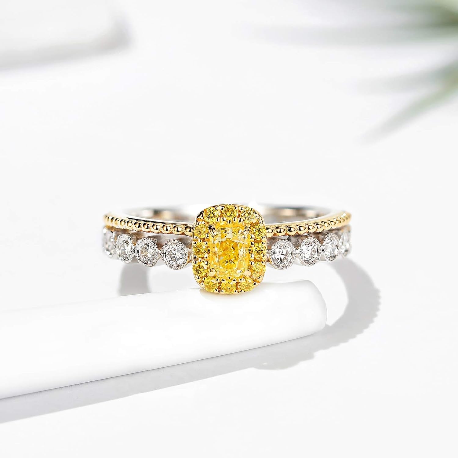 Aienid 18Ct Gold Engagement Rings for Women 0.29Ct Yellow Diamond Double Layer Wedding Rings for Women