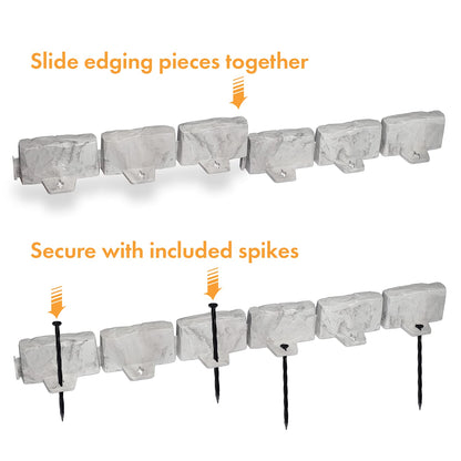 EasyFlex No-Dig Landscape Edging with Anchoring Spikes, 2.7 in Tall Decorative Stone-Look Garden Border, 15 Foot Kit, Brown