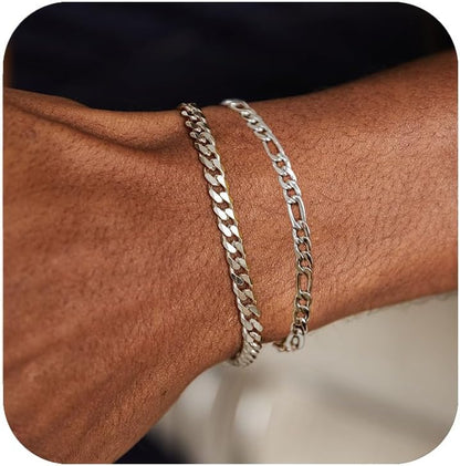 3 Stück Herren Silber Armbänder, robustes Curb Edelstahl Breite Schlangenkette Figaro Cuban Armband Set 7/7.8+1.2 Zoll verstellbares Stapel-Silberkettenarmband für Männer